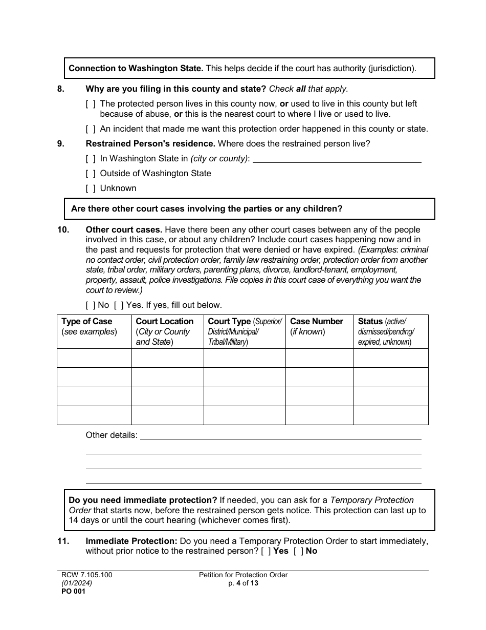 Form PO001 Petition for Protection Order - Washington, Page 4