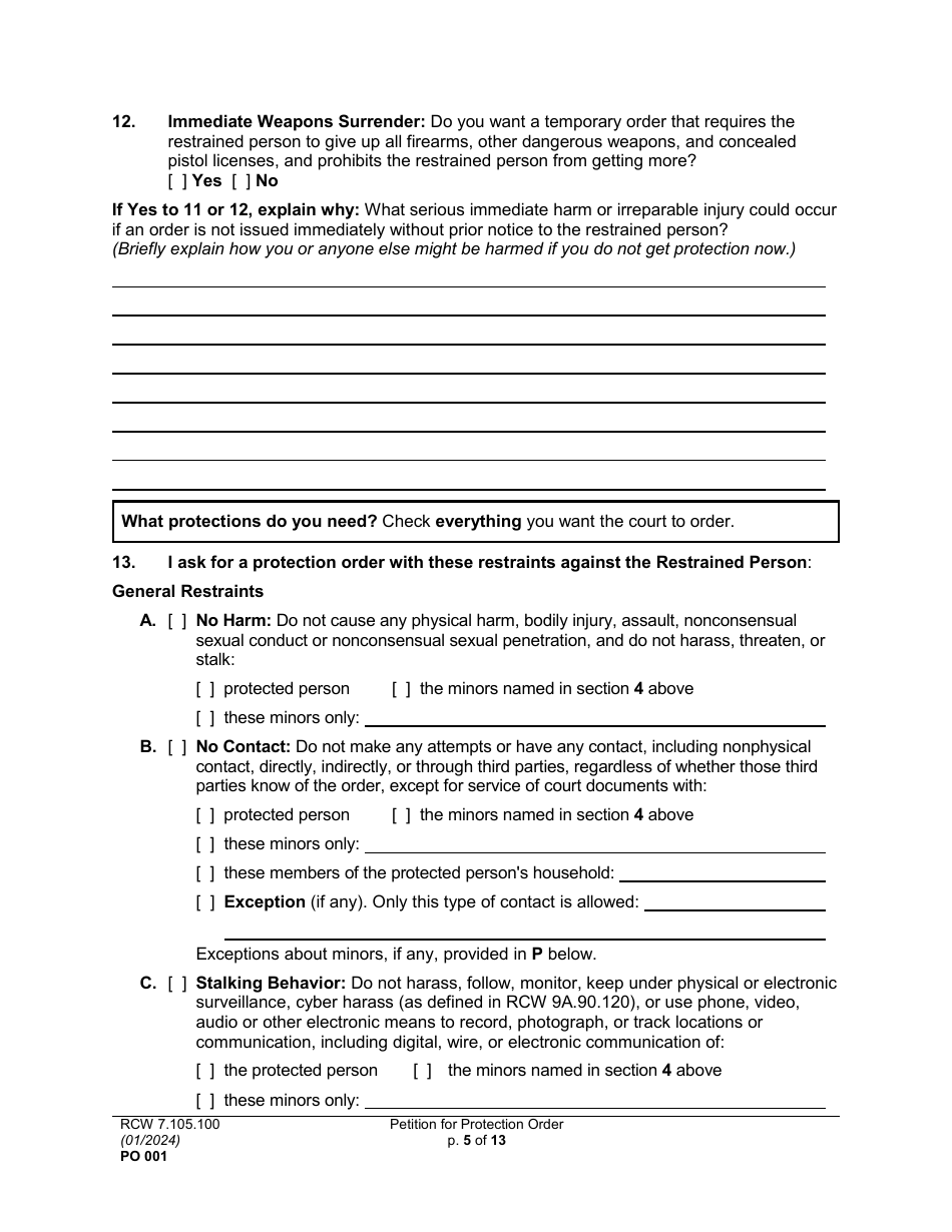 Form PO001 Petition for Protection Order - Washington, Page 5