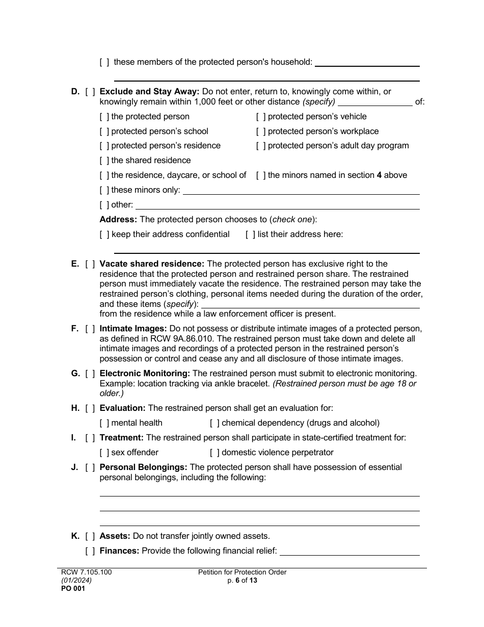 Form PO001 Petition for Protection Order - Washington, Page 6