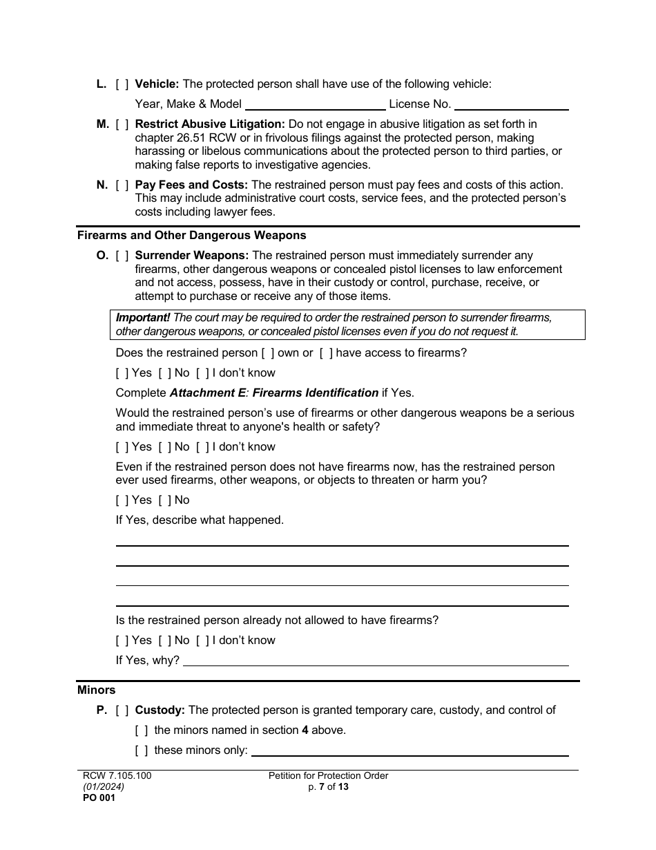 Form PO001 Petition for Protection Order - Washington, Page 7