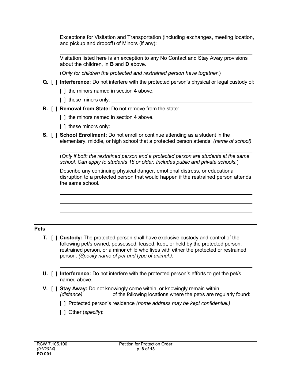 Form PO001 Petition for Protection Order - Washington, Page 8