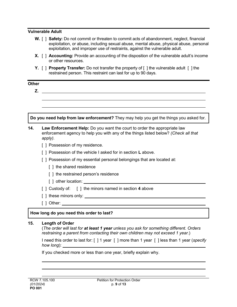 Form PO001 Petition for Protection Order - Washington, Page 9