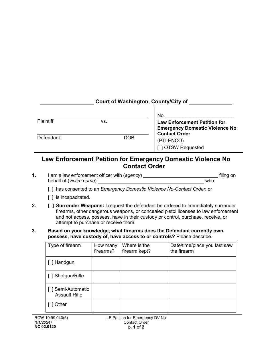 Form NC02.0120 Law Enforcement Petition for Domestic Violence No Contact Order - Washington, Page 1