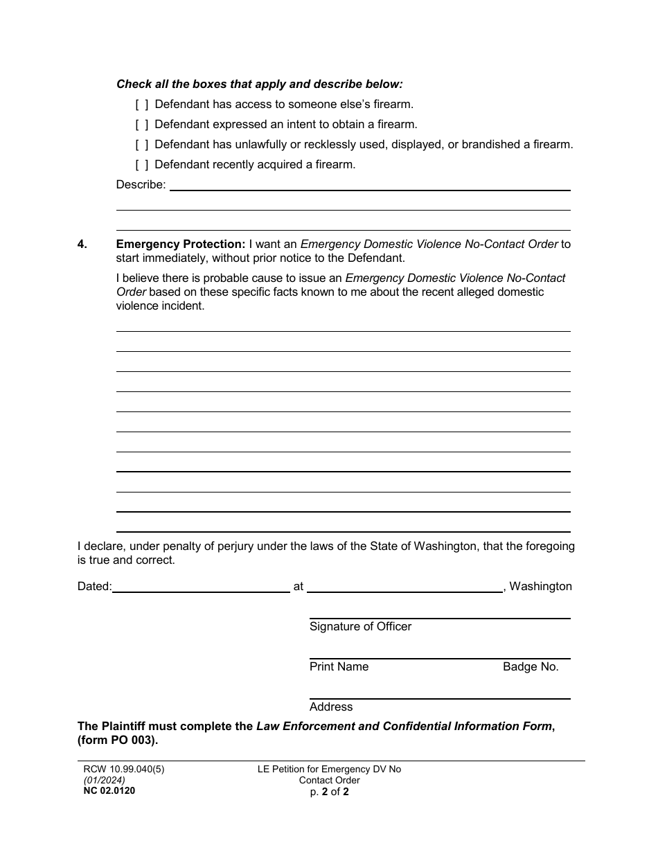 Form NC02.0120 Law Enforcement Petition for Domestic Violence No Contact Order - Washington, Page 2