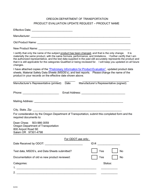 Product Evaluation Update Request - Product Name - Oregon Download Pdf
