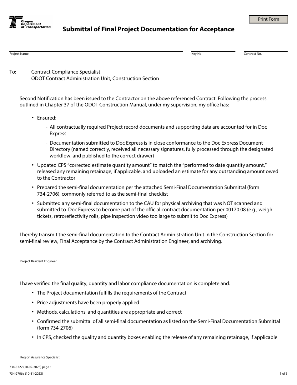 Form 734-5222 (734-2706A) Semi-final Documentation Submittal for Doc Express Projects (Master List 2019) - Oregon, Page 1