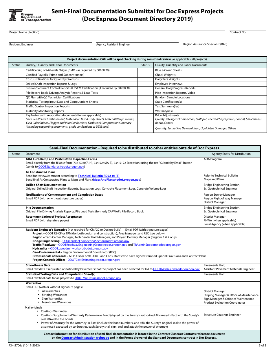 Form 734-5222 (734-2706A) Semi-final Documentation Submittal for Doc Express Projects (Master List 2019) - Oregon, Page 3