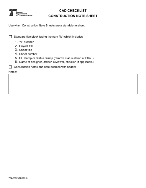 Form 734-5332 Cad Checklist Construction Note Sheet - Oregon