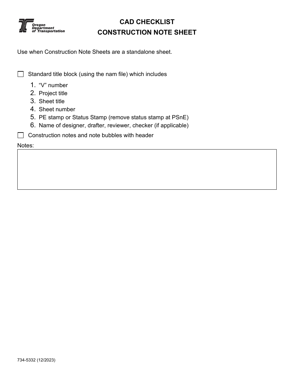 Form 734-5332 Cad Checklist Construction Note Sheet - Oregon, Page 1