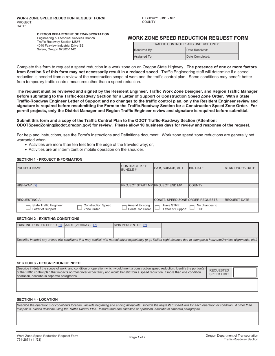 Form 734-2874 Download Fillable PDF or Fill Online Work Zone Speed ...