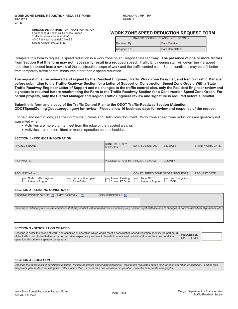 Form 734-2874 Work Zone Speed Reduction Request Form - Oregon, Page 1
