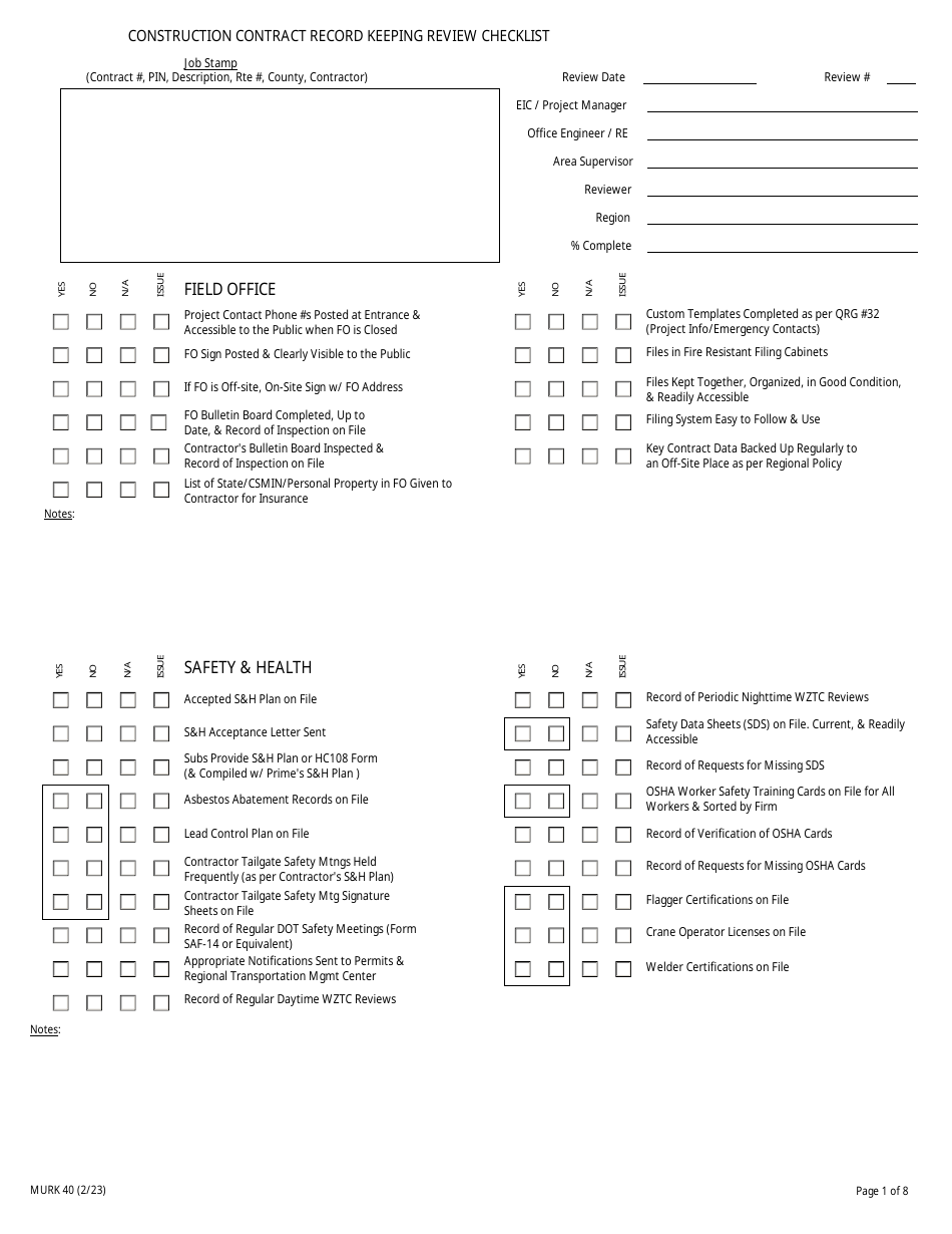 Form MURK40 Construction Contract Record Keeping Review Checklist - New York, Page 1