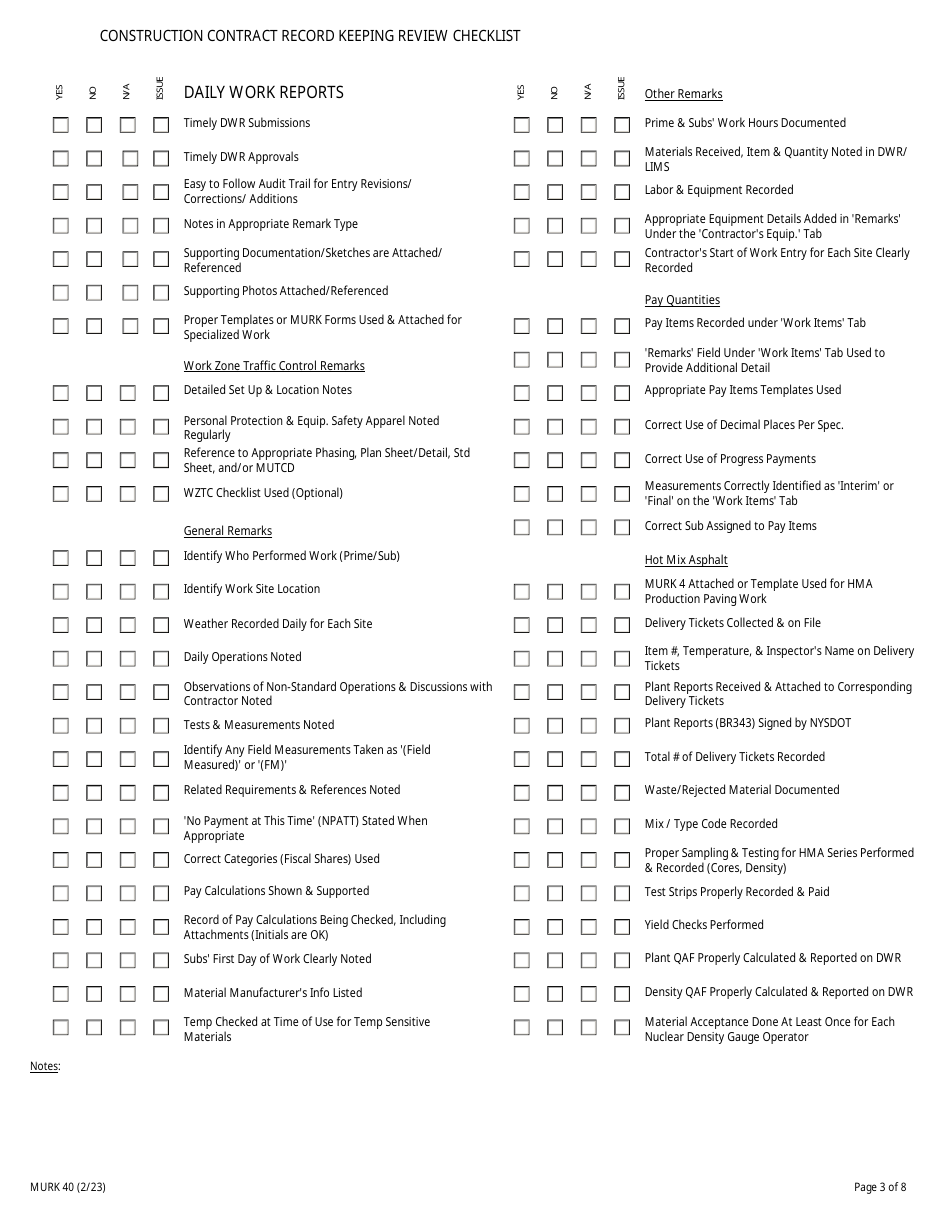 Form MURK40 Construction Contract Record Keeping Review Checklist - New York, Page 3