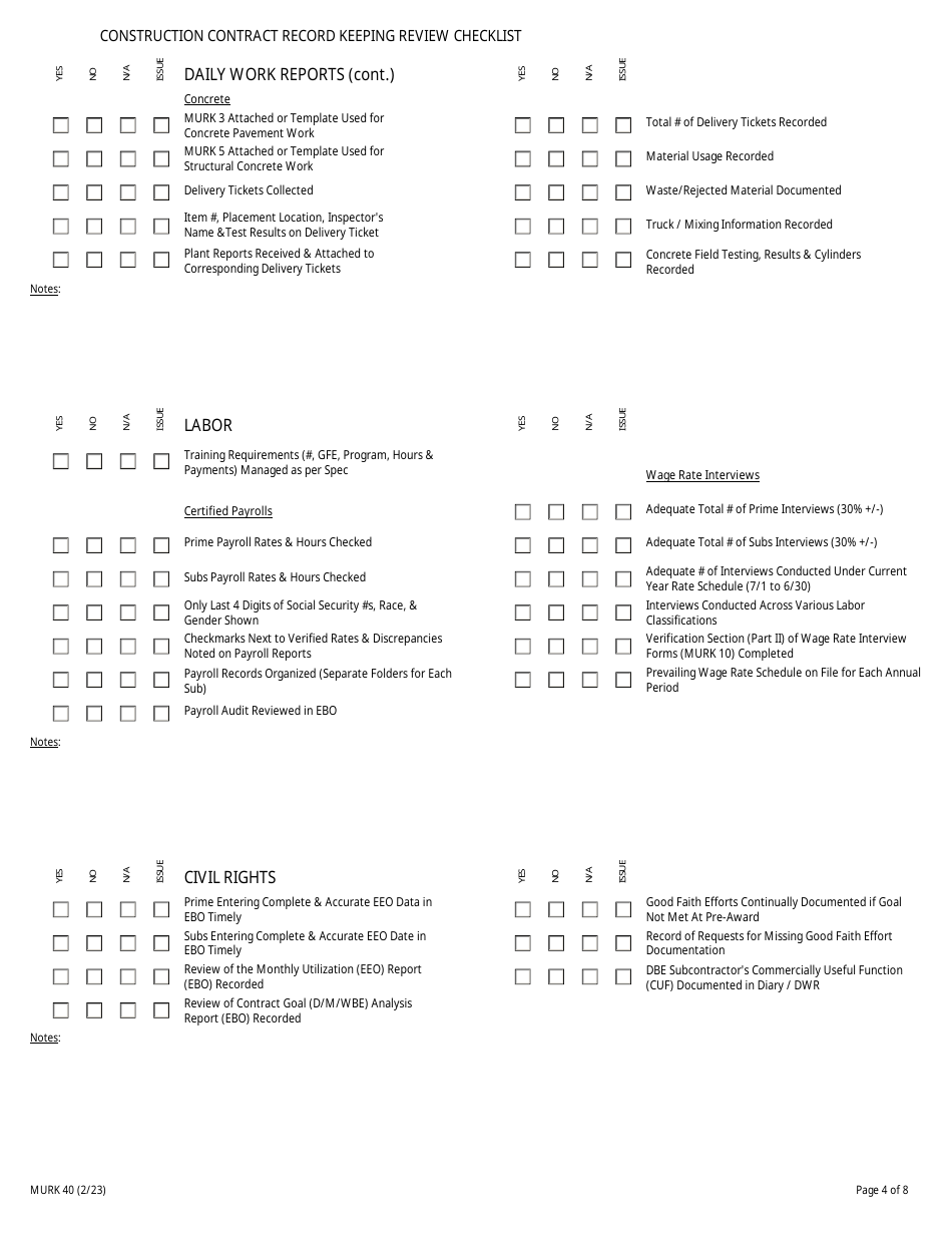 Form MURK40 Construction Contract Record Keeping Review Checklist - New York, Page 4