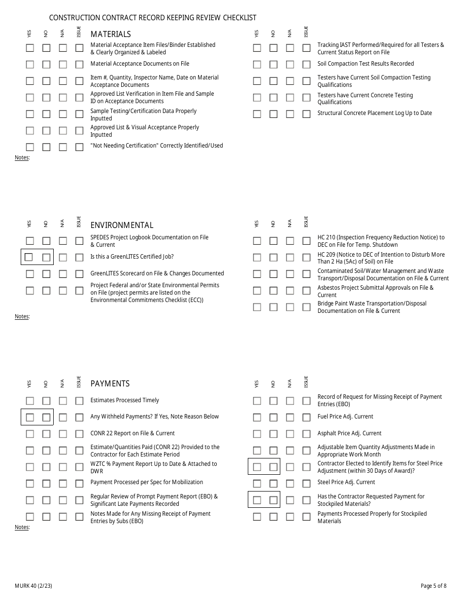 Form MURK40 Construction Contract Record Keeping Review Checklist - New York, Page 5