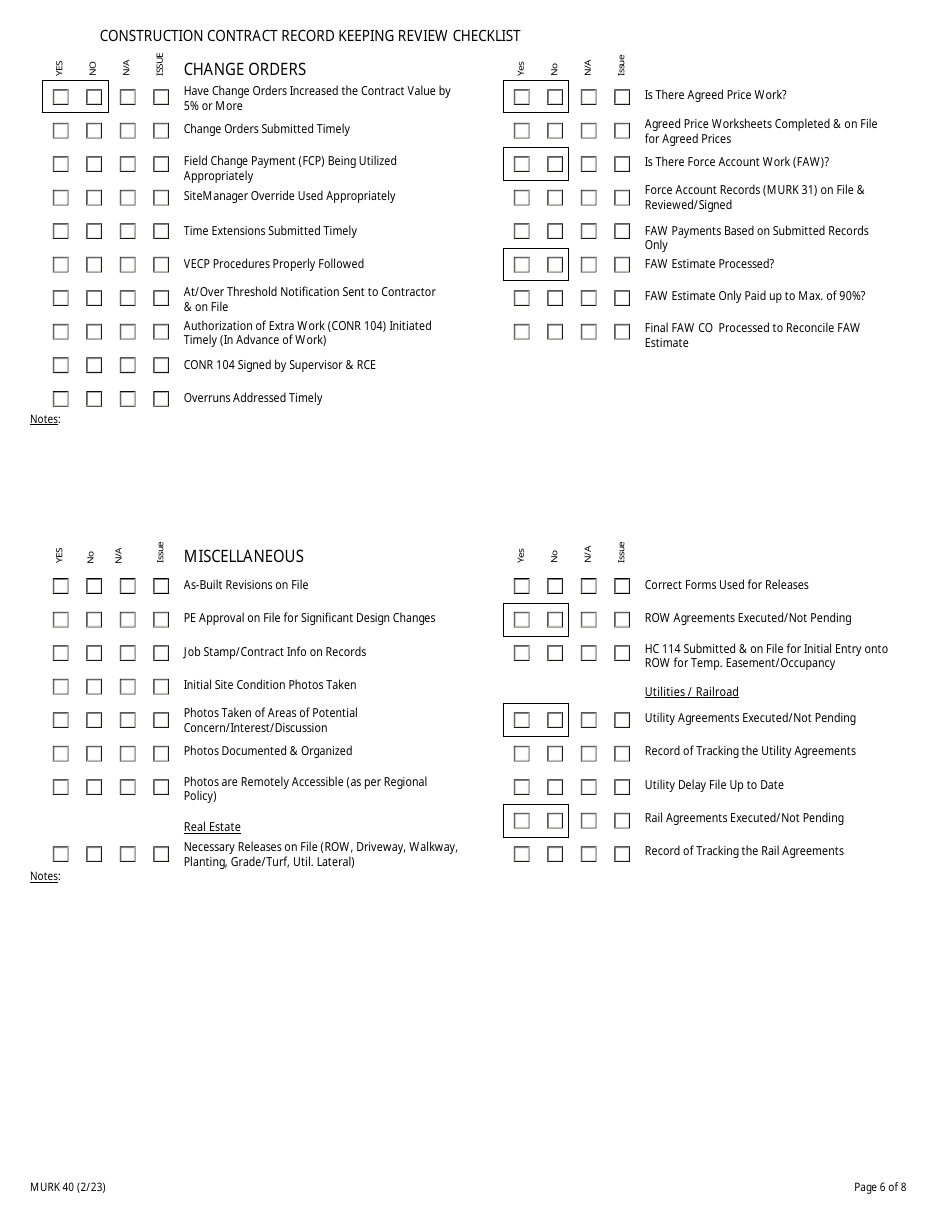 Form MURK40 Construction Contract Record Keeping Review Checklist - New York, Page 6