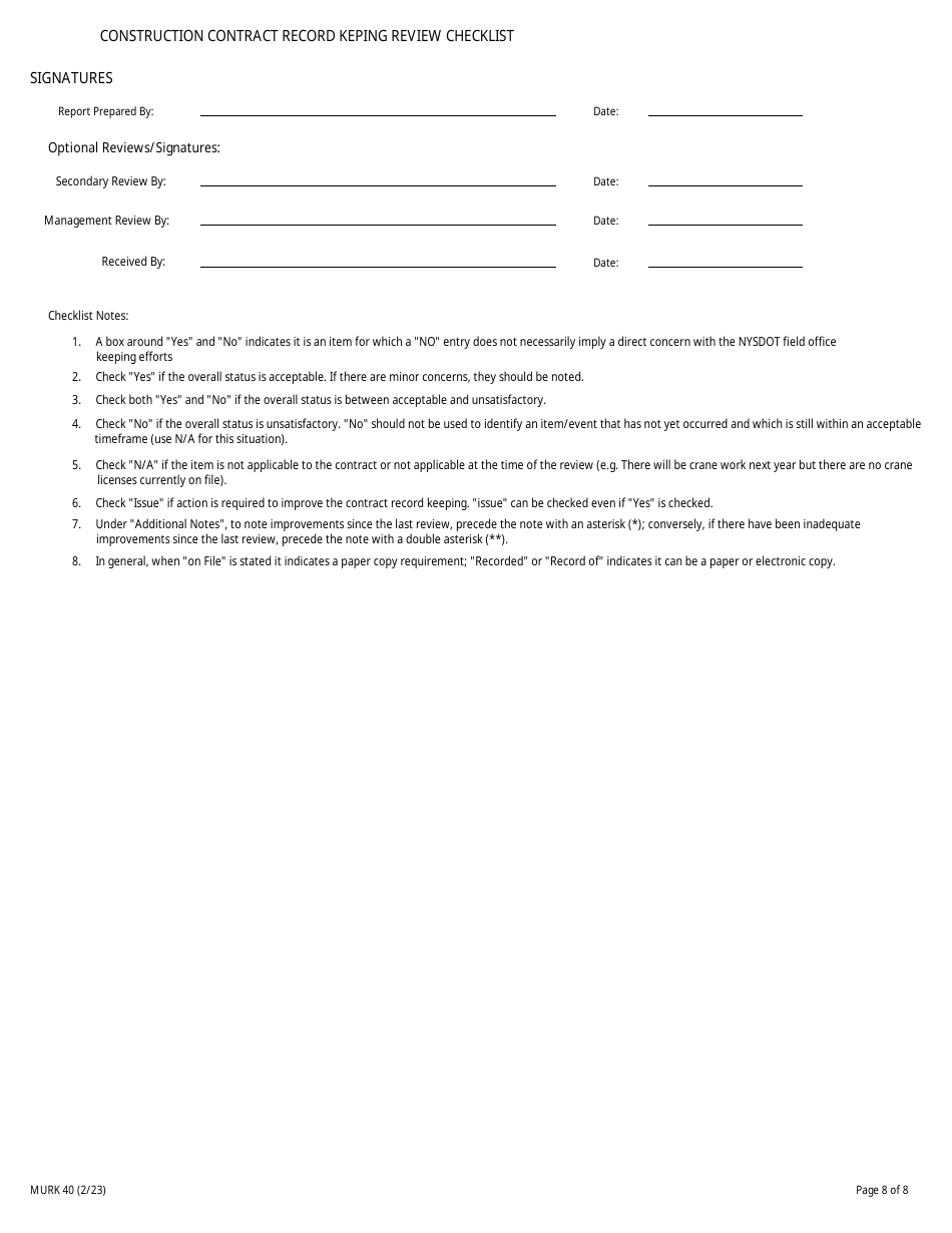 Form MURK40 Construction Contract Record Keeping Review Checklist - New York, Page 8