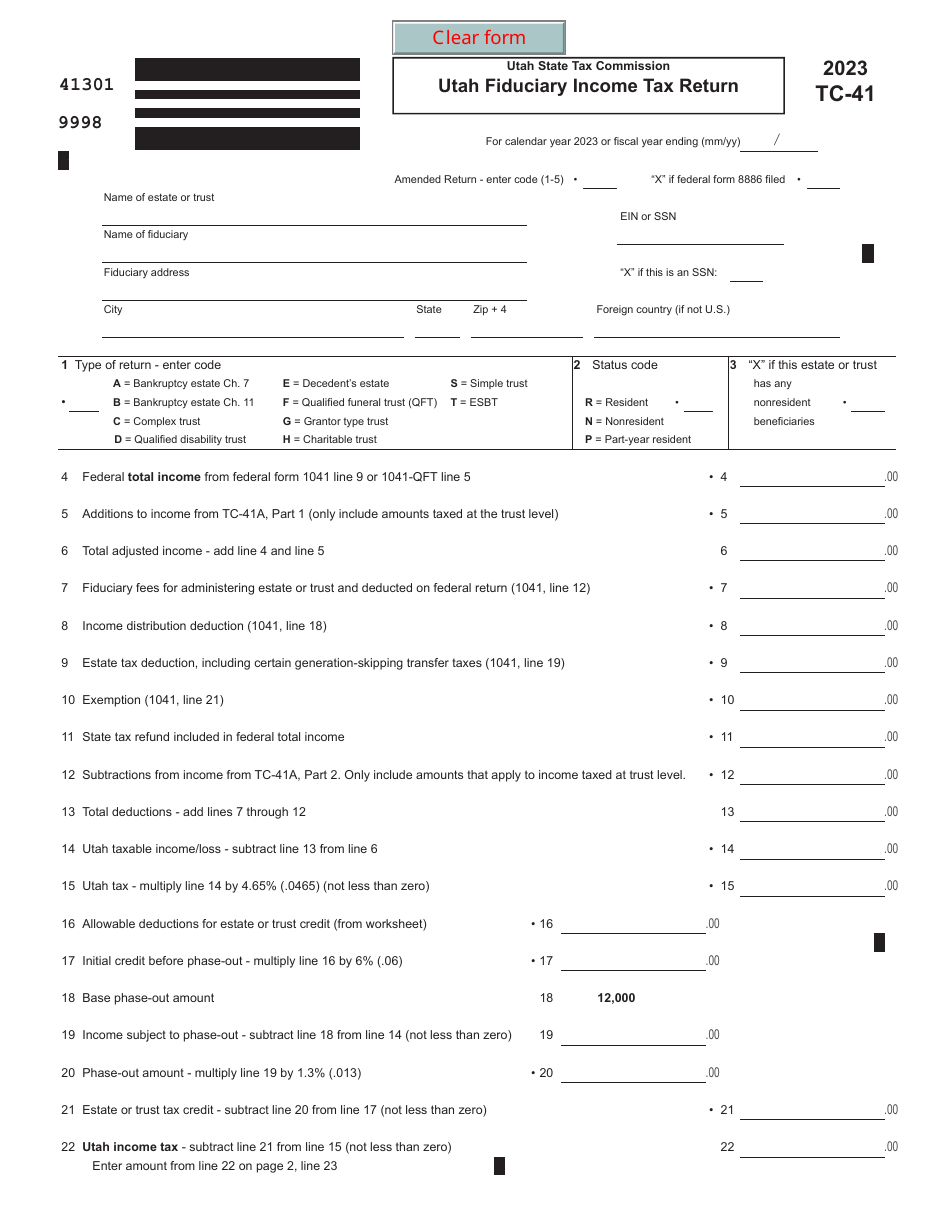 Form TC-41 Utah Fiduciary Income Tax Return - Utah, Page 1