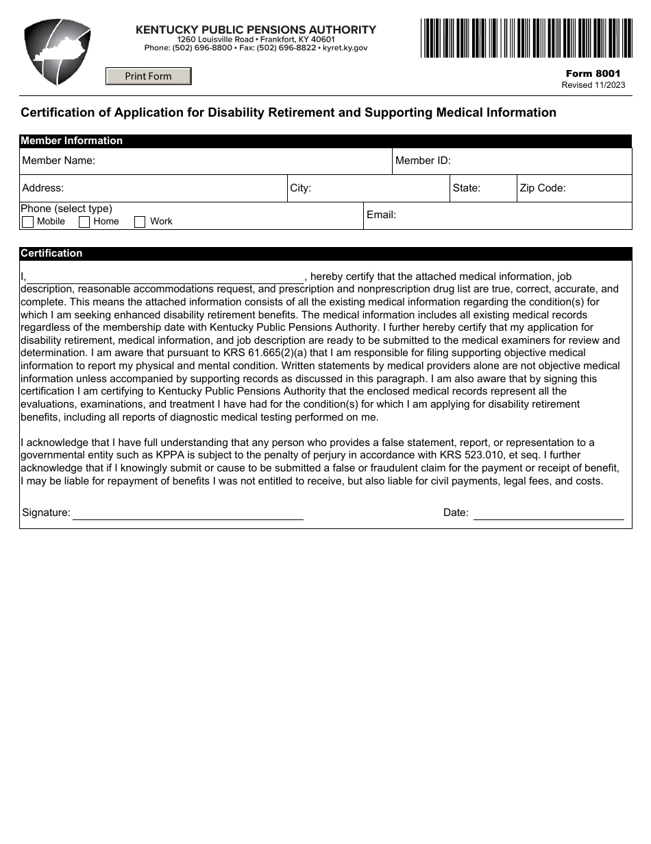 Form 8001 Certification of Application for Disability Retirement and Supporting Medical Information - Kentucky, Page 1