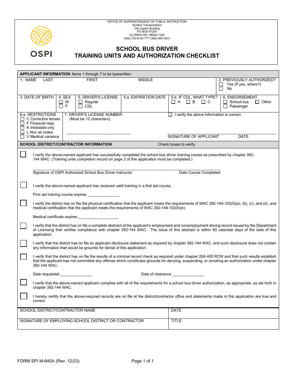 Form SPI M-645A School Bus Driver Training Units and Authorization Checklist - Washington, Page 1