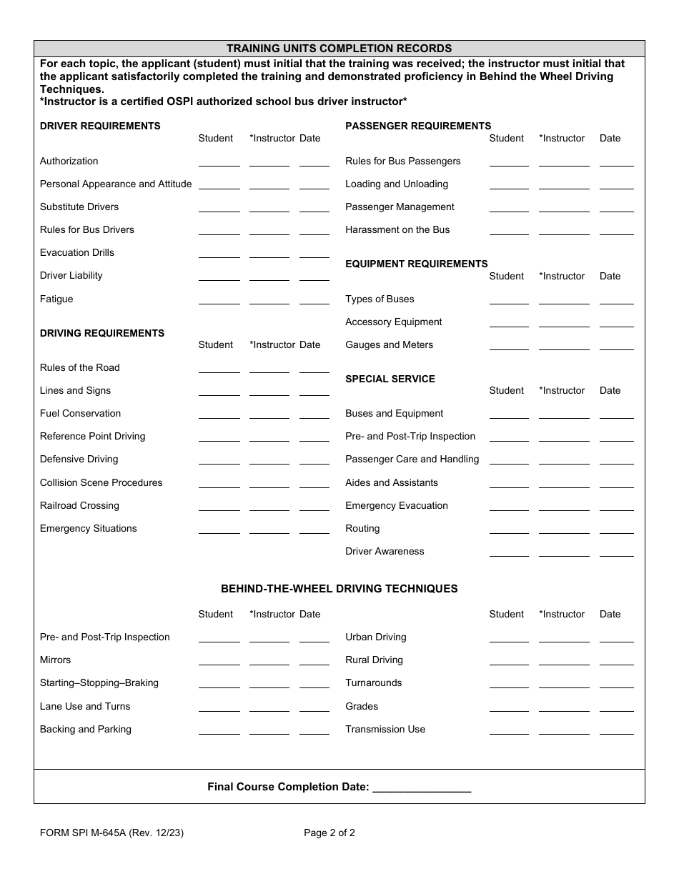 Form SPI M-645A School Bus Driver Training Units and Authorization Checklist - Washington, Page 2