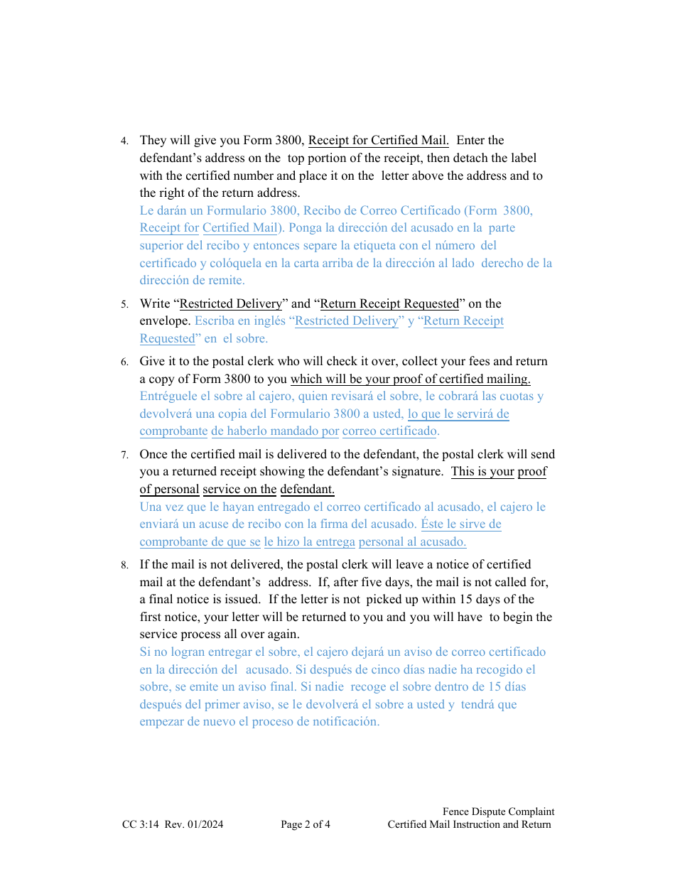 Form CC3:14 Fence Dispute Complaint Certified Mail Instruction and Return - Nebraska (English / Spanish), Page 2