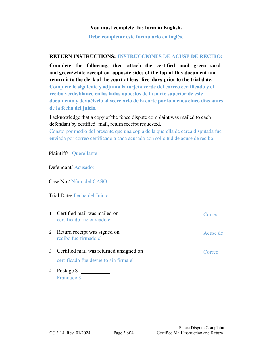 Form CC3:14 Fence Dispute Complaint Certified Mail Instruction and Return - Nebraska (English / Spanish), Page 3