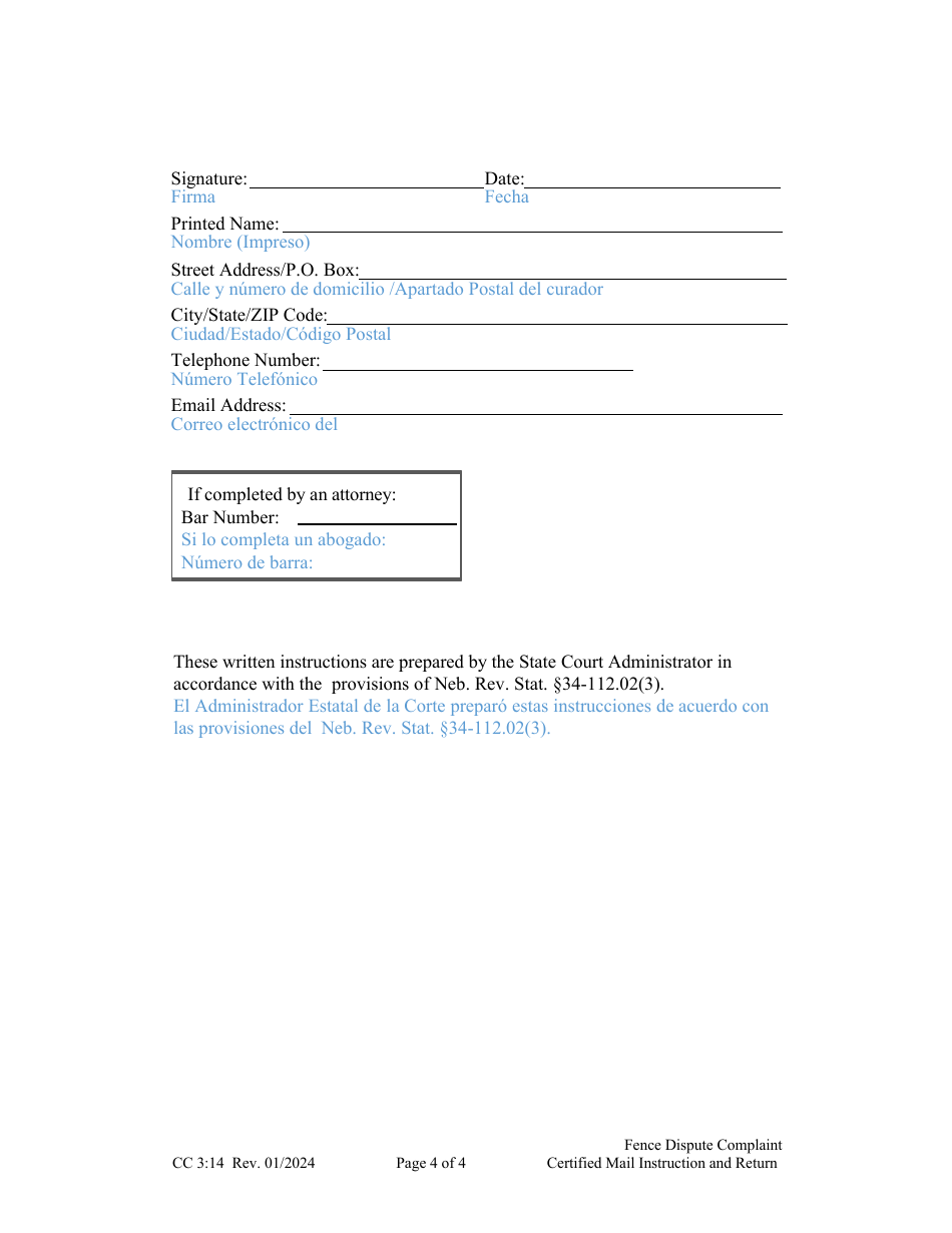 Form CC3:14 Fence Dispute Complaint Certified Mail Instruction and Return - Nebraska (English / Spanish), Page 4