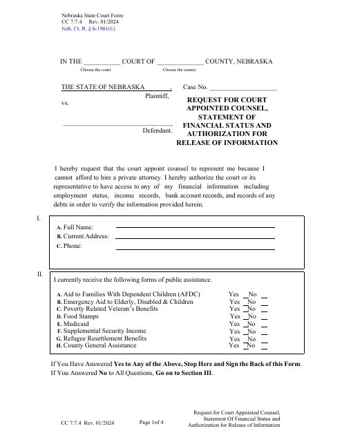 Form CC7:7.4 Request for Court Appointed Counsel, Statement of Financial Status, and Authorization for Release of Information (For Use in Probation Cases) - Nebraska
