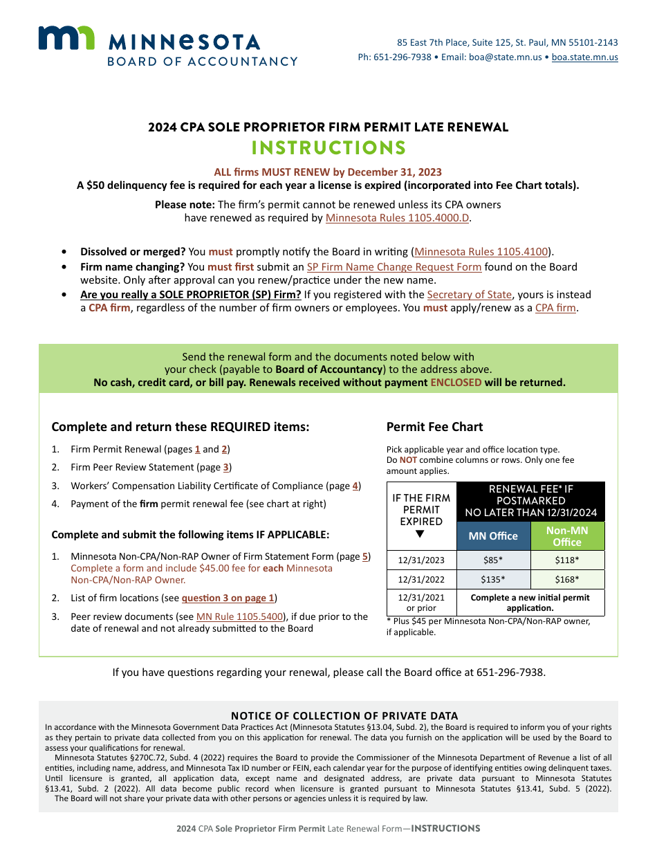 2024 Minnesota CPA Sole Proprietor Firm Permit Late Renewal Fill Out   Cpa Sole Proprietor Firm Permit Late Renewal Minnesota Print Big 