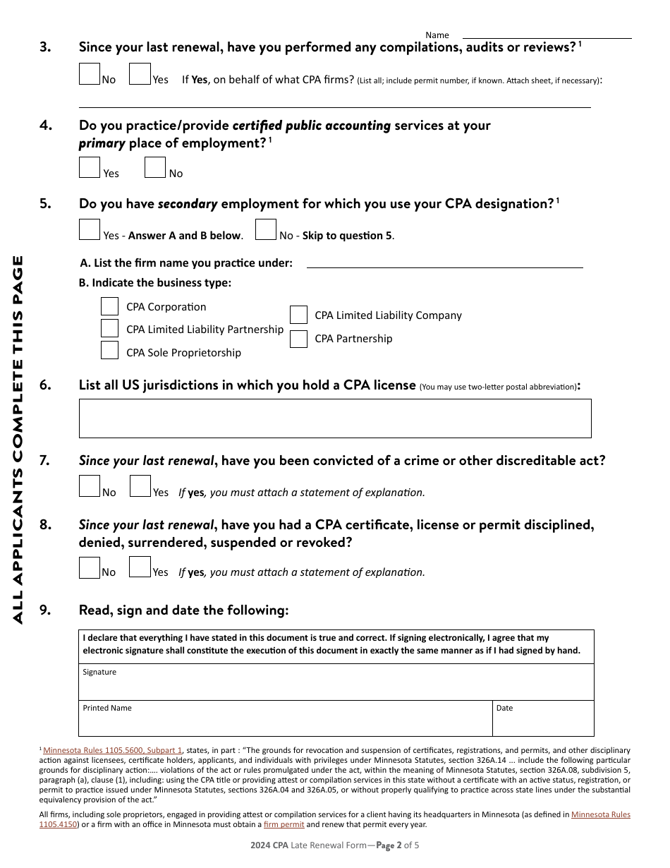 2024 Minnesota Individual CPA Certificate Late Renewal Fill Out Sign