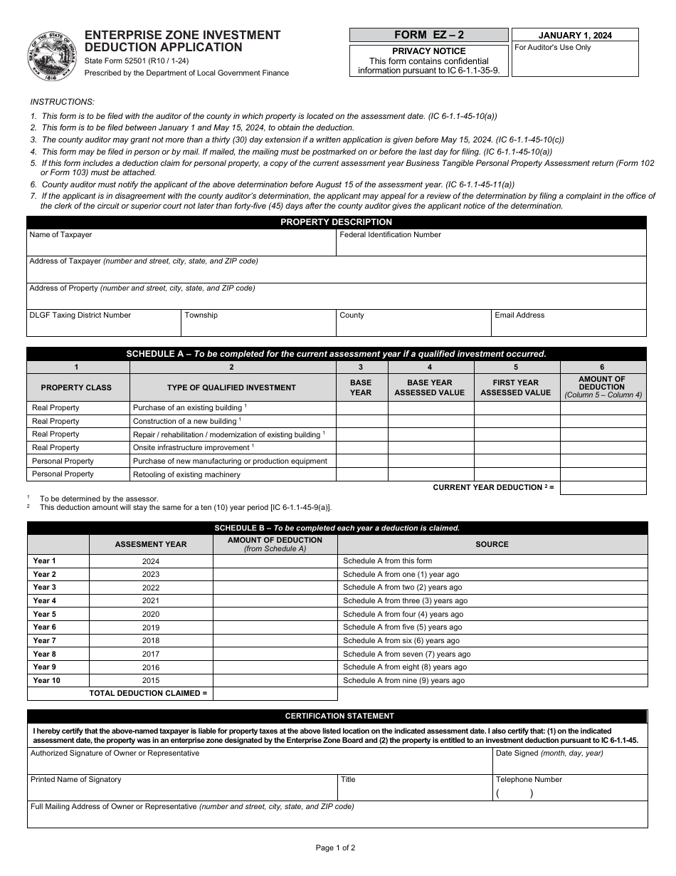 State Form 52501 (EZ-2) Enterprise Zone Investment Deduction Application - Indiana, Page 1