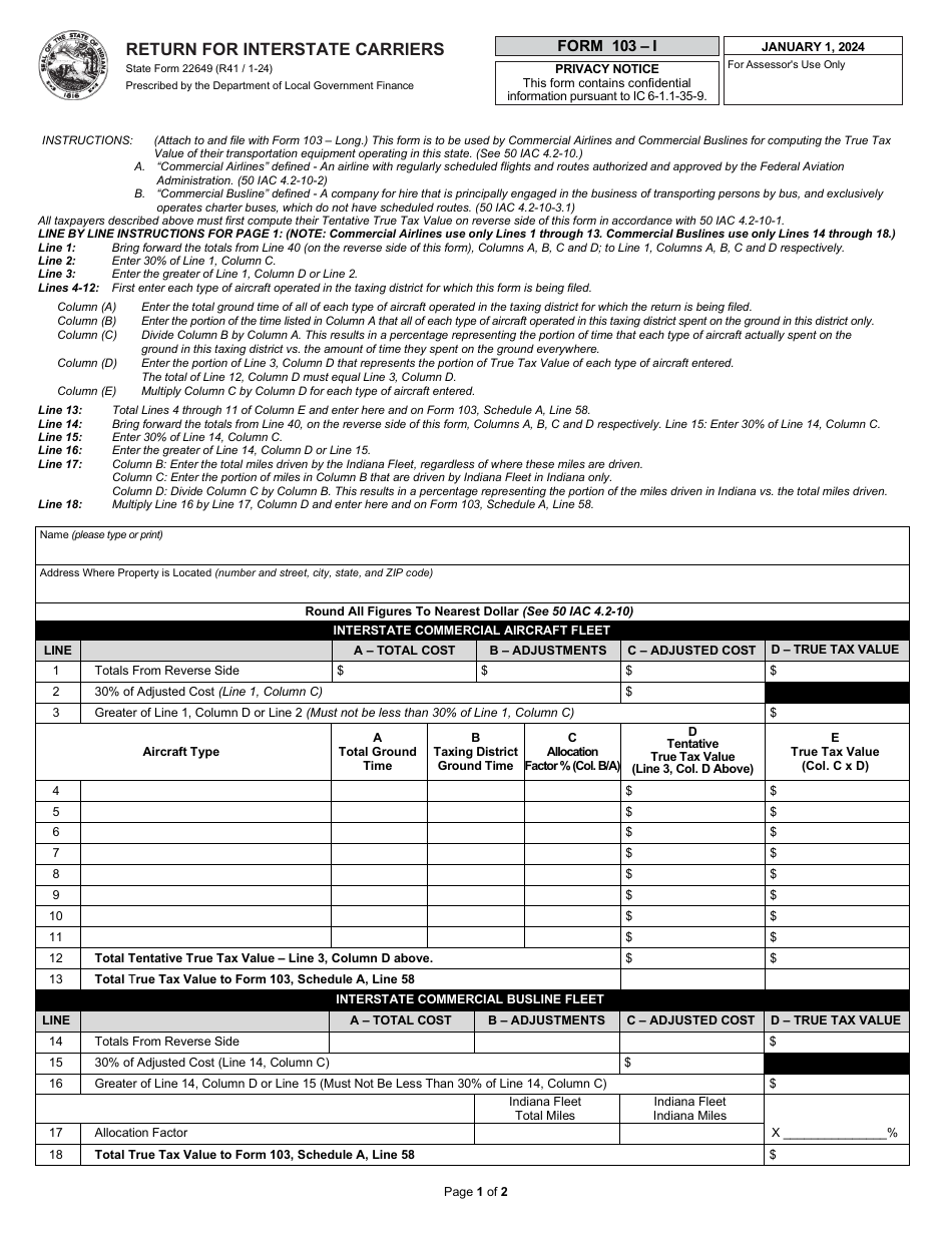State Form 22649 (103-I) Return for Interstate Carriers - Indiana, Page 1