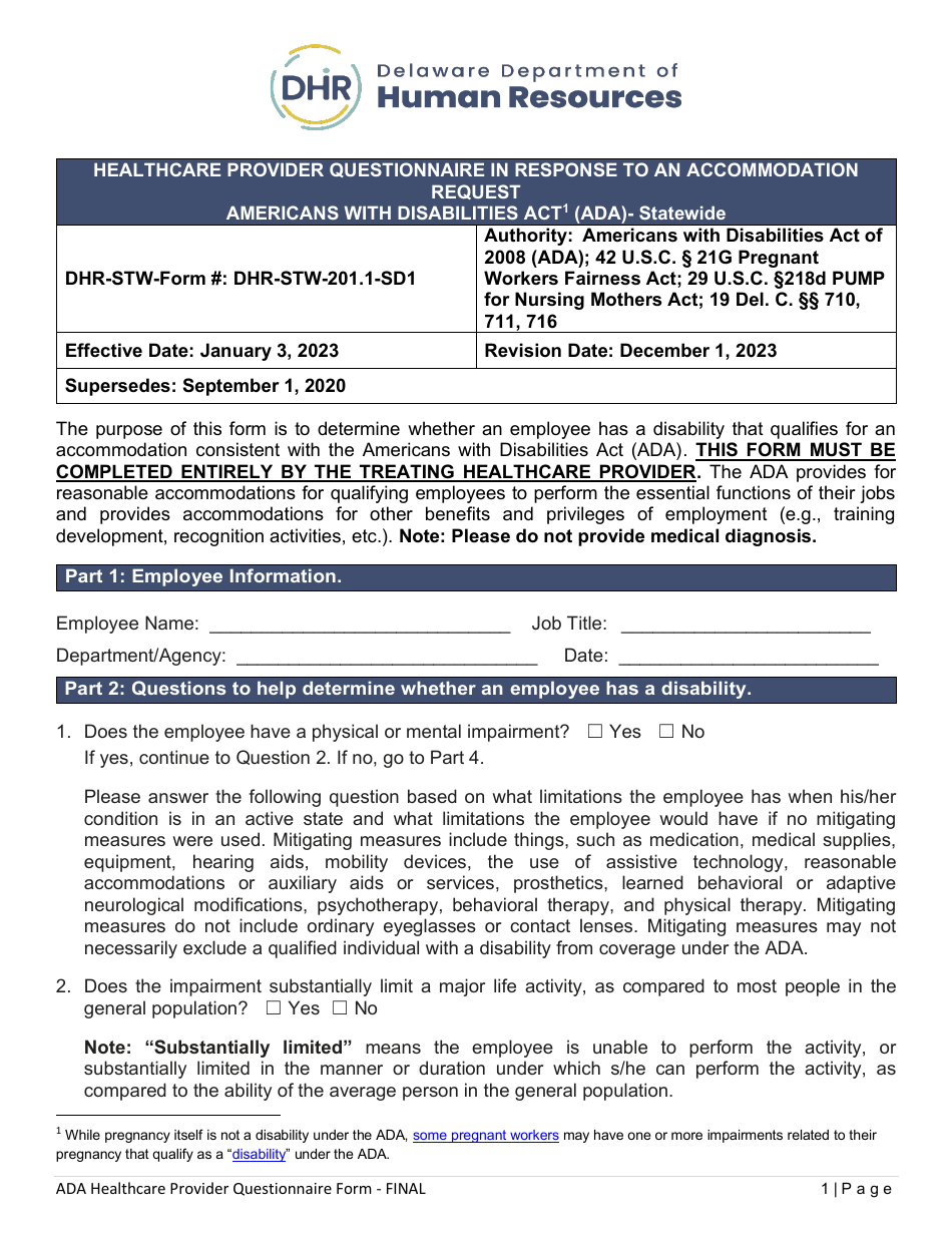 Form DHR-STW-201.1-SD1 Healthcare Provider Questionnaire in Response to an Accommodation Request - Americans With Disabilities Act (Ada) - Statewide - Delaware, Page 1