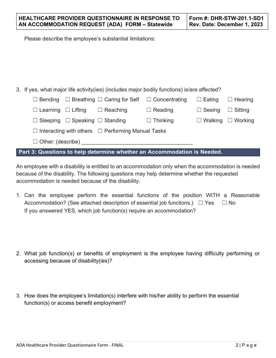 Form DHR-STW-201.1-SD1 Healthcare Provider Questionnaire in Response to an Accommodation Request - Americans With Disabilities Act (Ada) - Statewide - Delaware, Page 2