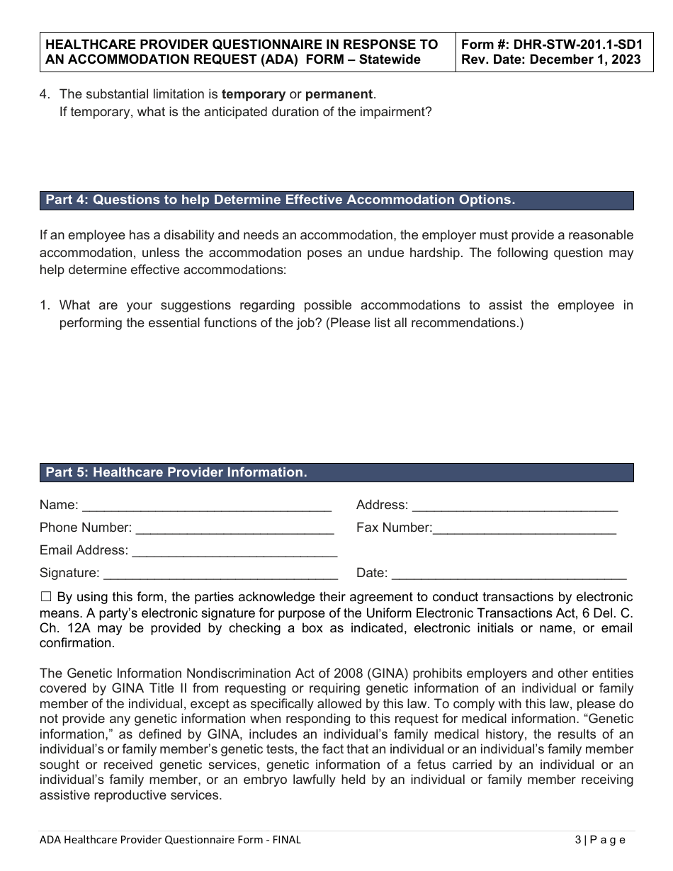 Form DHR-STW-201.1-SD1 Healthcare Provider Questionnaire in Response to an Accommodation Request - Americans With Disabilities Act (Ada) - Statewide - Delaware, Page 3