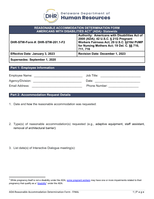 Form DHR-STW-201.1-F2 Reasonable Accommodation Determination Form - Americans With Disabilities Act (Ada) - Statewide - Delaware