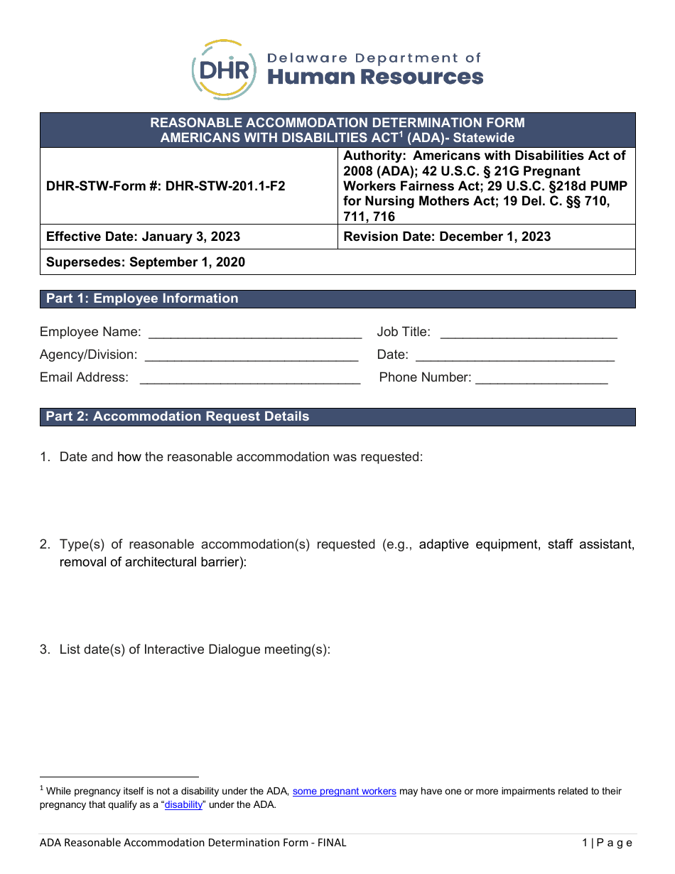 Form DHR-STW-201.1-F2 Reasonable Accommodation Determination Form - Americans With Disabilities Act (Ada) - Statewide - Delaware, Page 1
