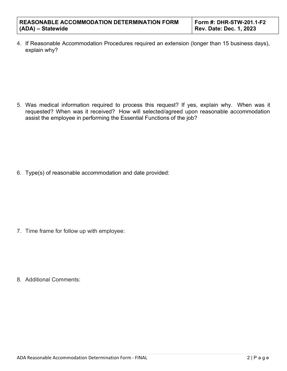 Form DHR-STW-201.1-F2 Reasonable Accommodation Determination Form - Americans With Disabilities Act (Ada) - Statewide - Delaware, Page 2