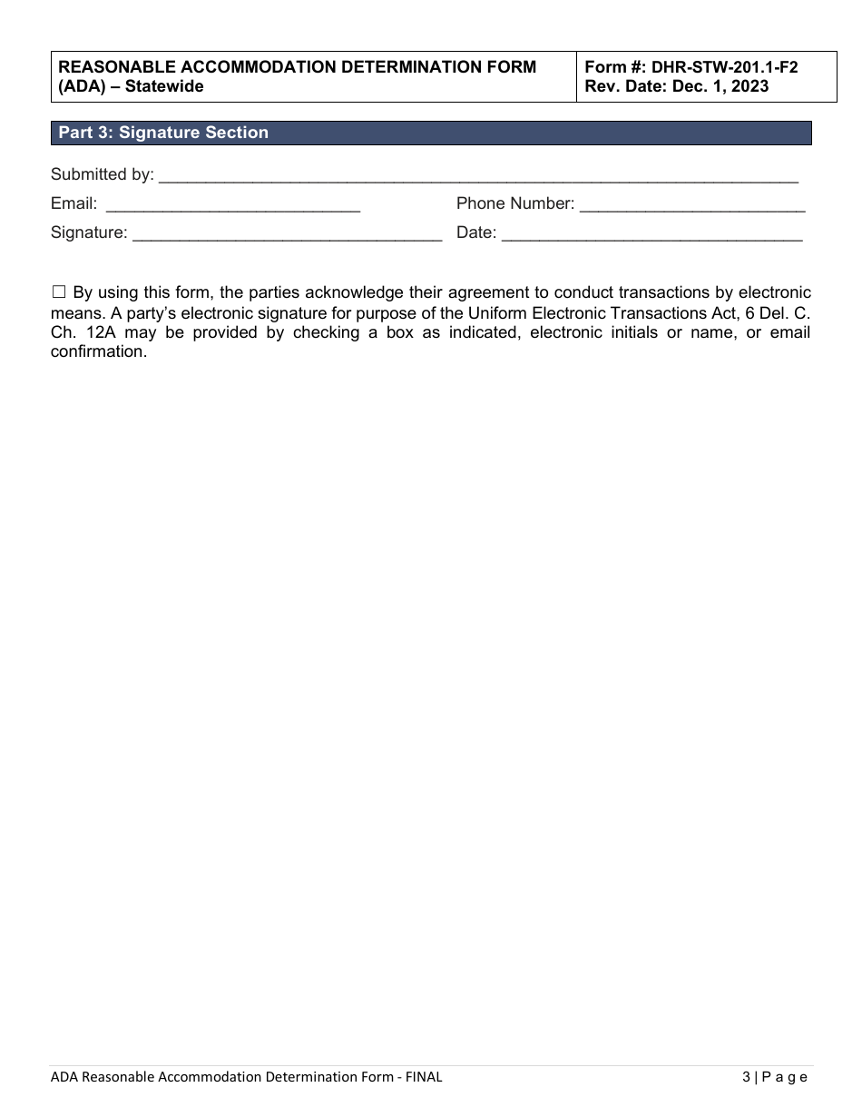 Form DHR-STW-201.1-F2 Reasonable Accommodation Determination Form - Americans With Disabilities Act (Ada) - Statewide - Delaware, Page 3