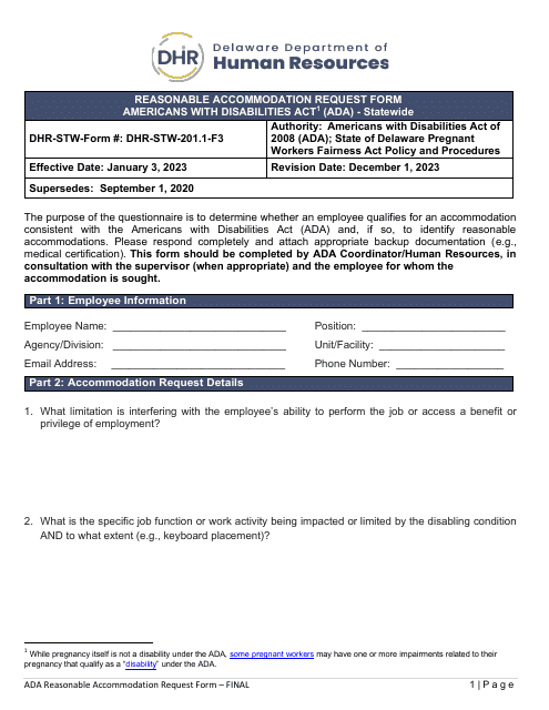 Form DHR-STW-201.1-F3 Reasonable Accommodation Request Form - Americans With Disabilities Act (Ada) - Statewide - Delaware