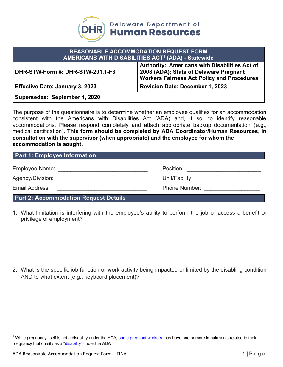 Form DHR-STW-201.1-F3 Reasonable Accommodation Request Form - Americans With Disabilities Act (Ada) - Statewide - Delaware, Page 1