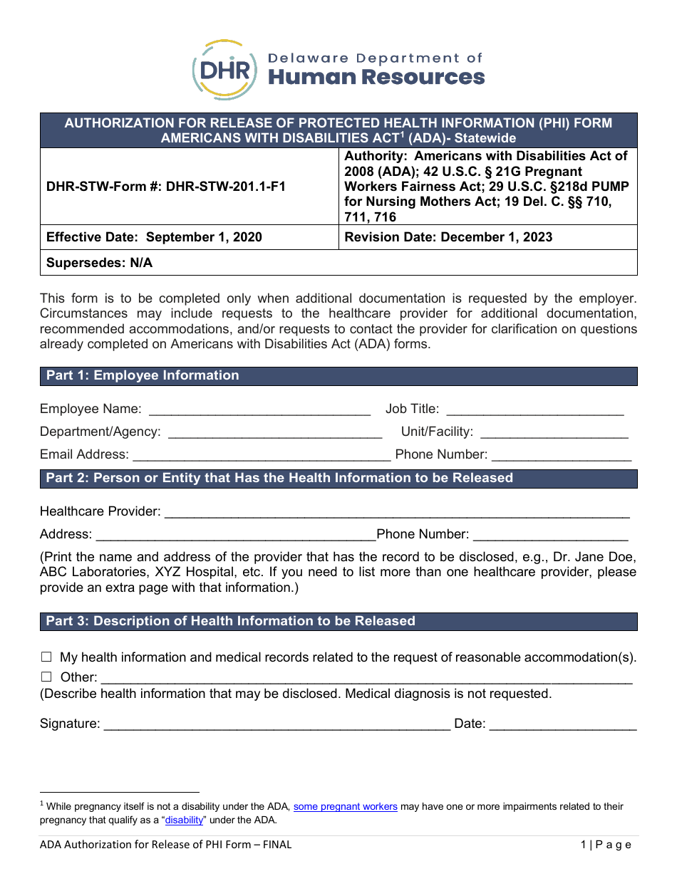 Form DHR-STW-201.1-F1 Authorization for Release of Protected Health Information (Phi) Form - Americans With Disabilities Act (Ada) - Statewide - Delaware, Page 1