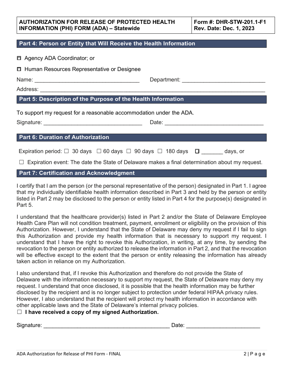 Form DHR-STW-201.1-F1 Authorization for Release of Protected Health Information (Phi) Form - Americans With Disabilities Act (Ada) - Statewide - Delaware, Page 2