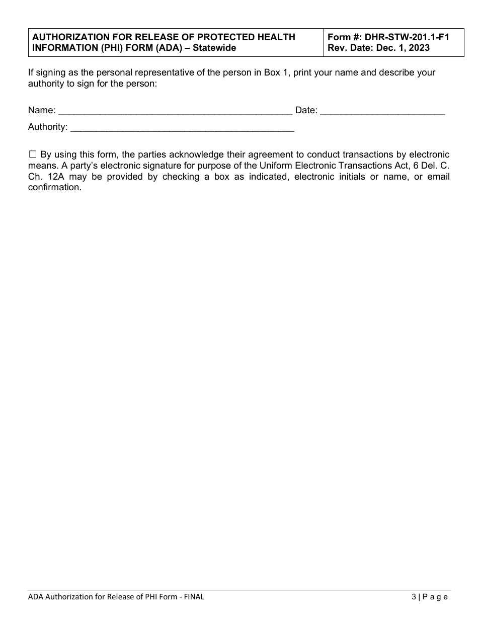 Form DHR-STW-201.1-F1 Authorization for Release of Protected Health Information (Phi) Form - Americans With Disabilities Act (Ada) - Statewide - Delaware, Page 3