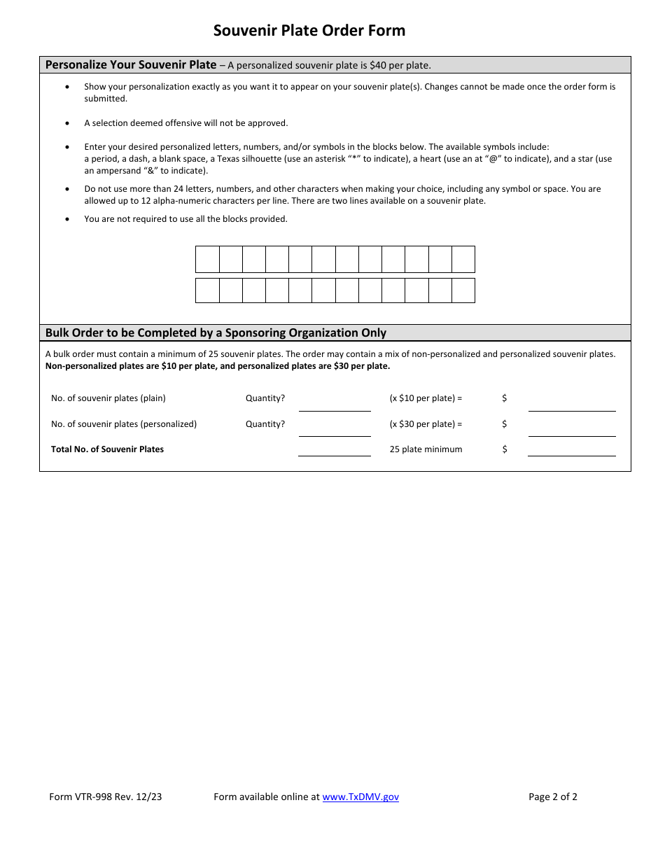 Form VTR-998 Souvenir Plate Order Form - Texas, Page 2