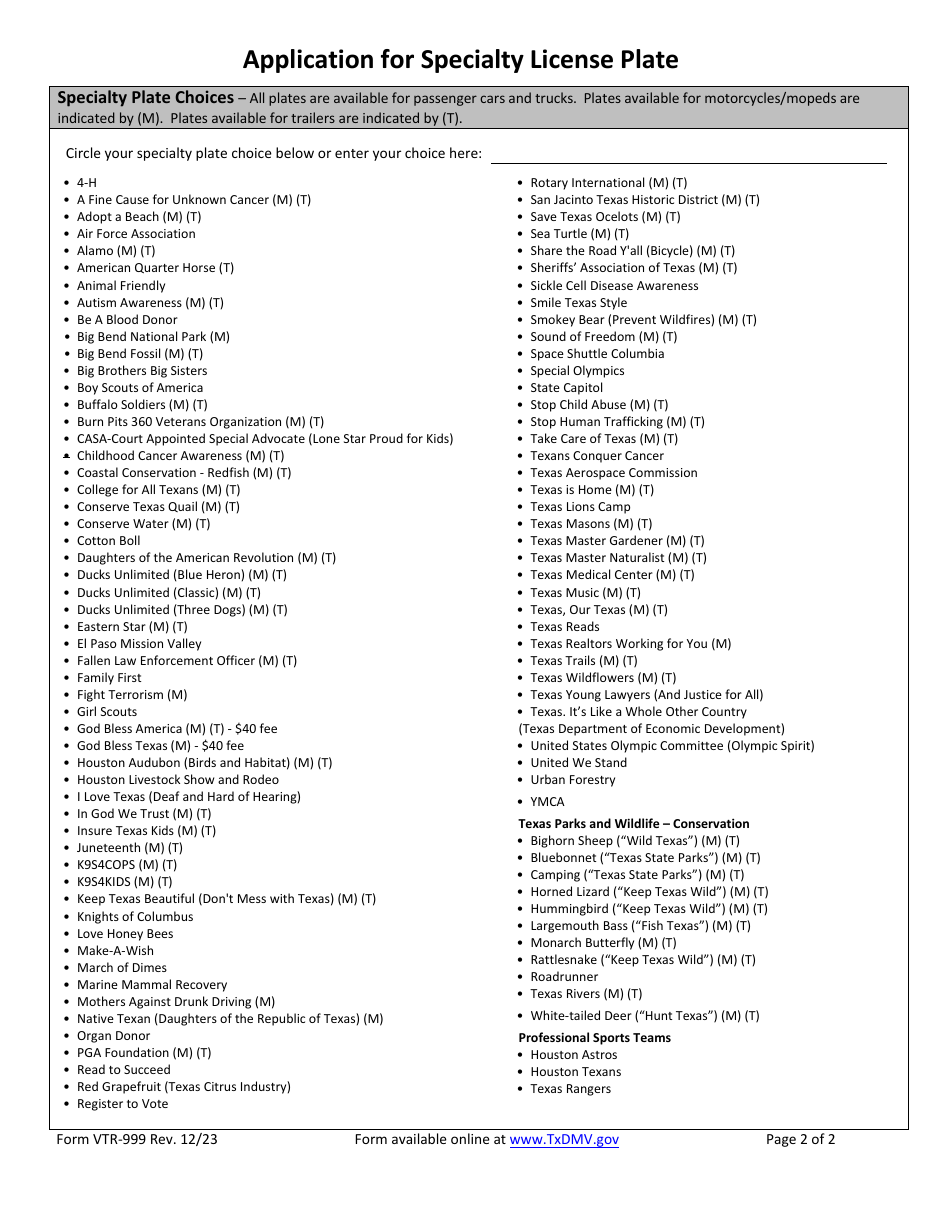 Form VTR-999 Application for Specialty License Plate - Texas, Page 2