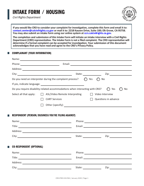 Form CRD-IF903-4X-ENG Intake Form - Housing - California