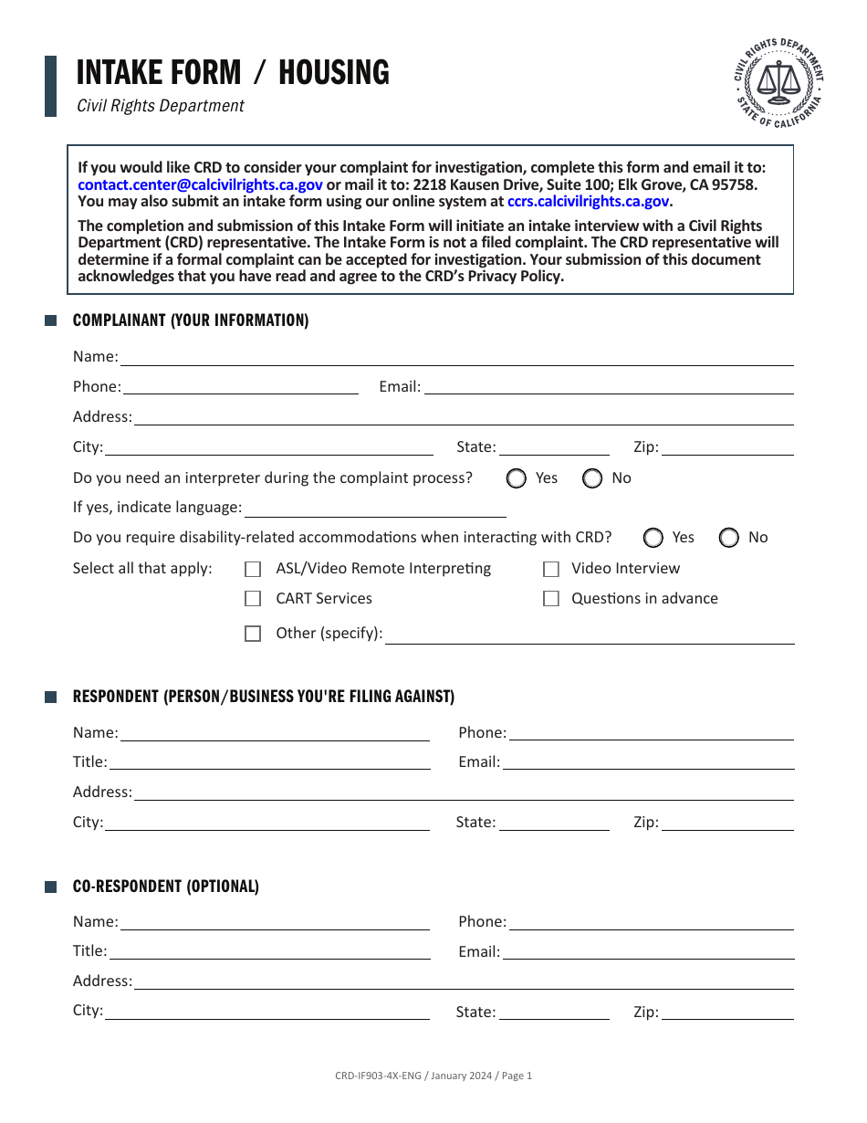 Form CRD-IF903-4X-ENG Intake Form - Housing - California, Page 1