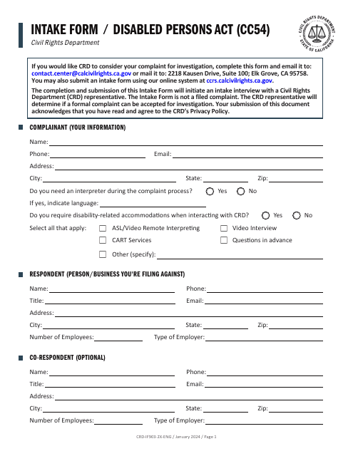 Form CRD-IF903-2X-ENG Intake Form - Disabled Persons Act (Cc54) - California